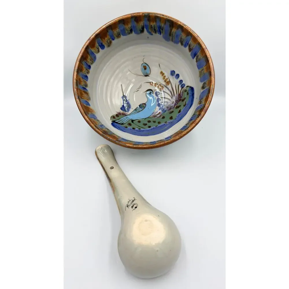 Folk-Art Ken Edwards Palomar Tonala Pottery Hand Painted Punch Bowl w/Ladle